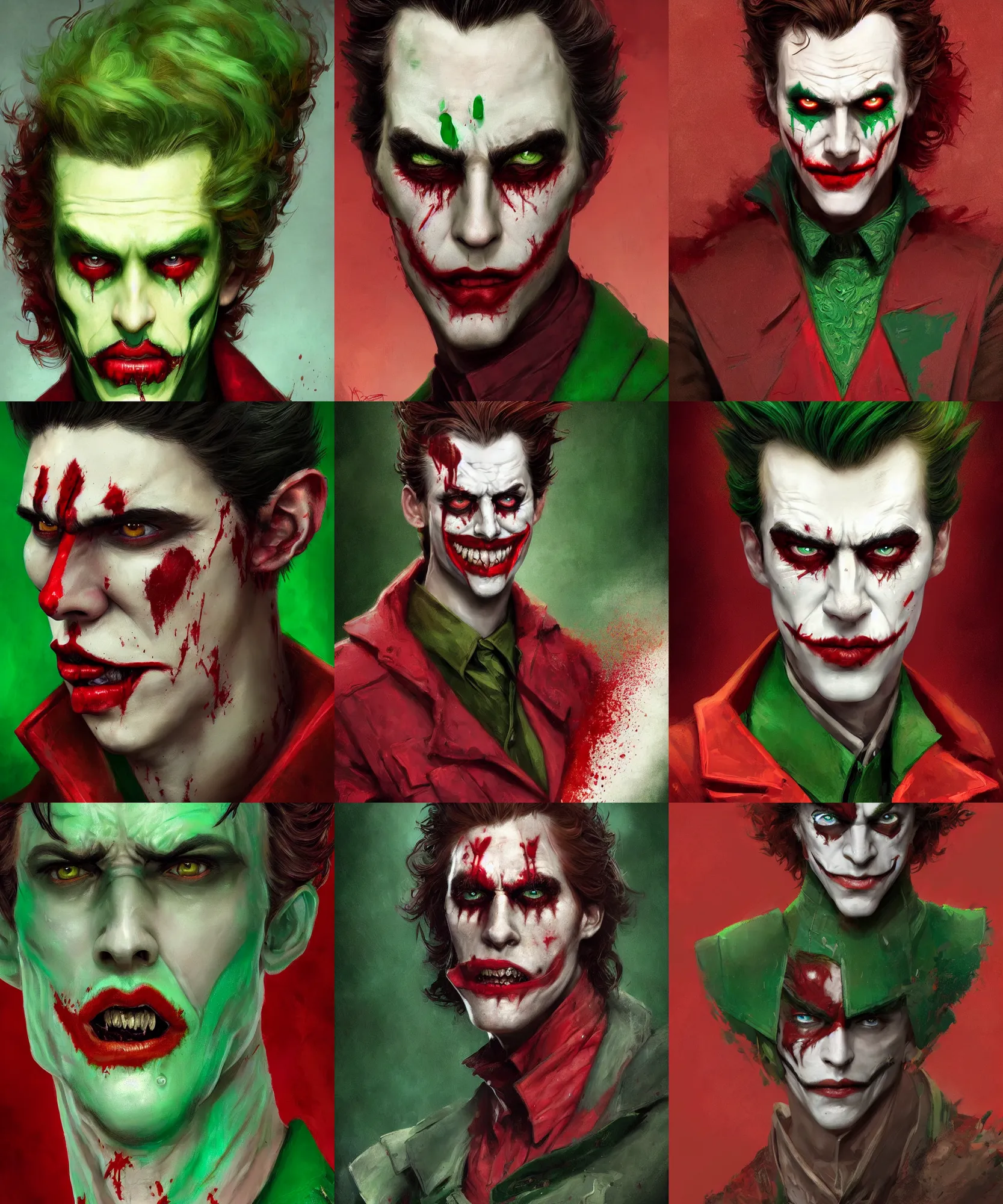 Prompt: digital art painting of young handsome guy extremely masculine face dnd portrait, crimson color blood tears, remarkable joker make up, wearing a green jacket painted by craig mullins and gaston bussiere and greg rutkowski, symmetrical face, defined facial features, symmetrical facial features, dramatic lighting, close up