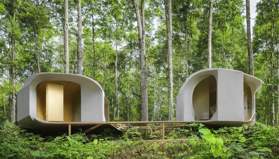 Image similar to A wide image of a full innovative contemporary 3D printed prefab sea ranch style cabin with rounded corners and angles, beveled edges, made of cement and concrete, organic architecture, in a lush green forest Designed by Gucci, Balenciaga, and Wes Anderson, golden hour