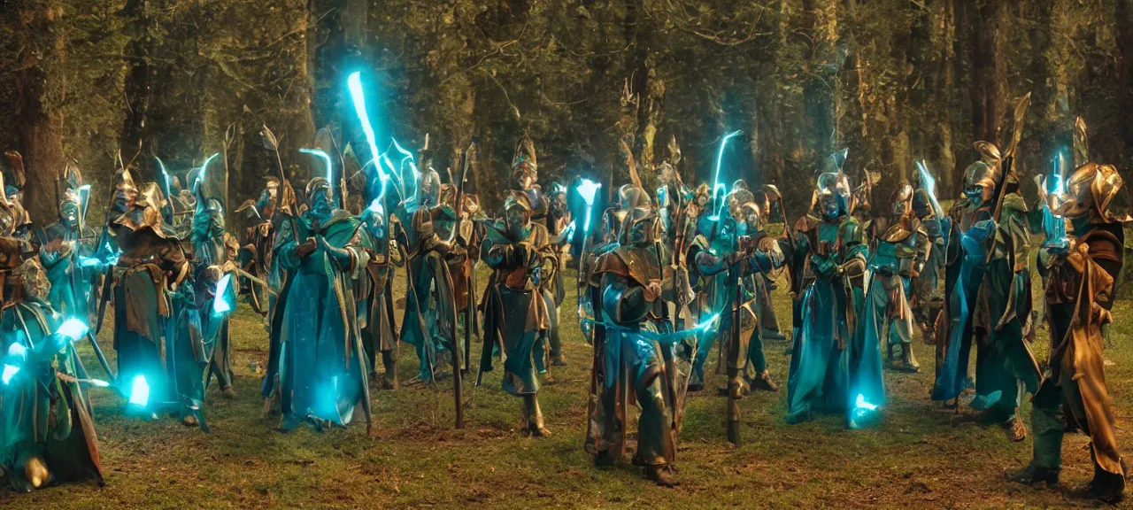 Prompt: The council of Elves gift the Dwarfs with magical defensive spell protection casting a visible blue green electric aura around the group of Dwarves, the light glinting off their Dwarven armor and weaponry. Cinematic film still. 35mm. Color Graded