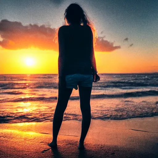 Prompt: aesthetic photo of a woman looking up crying at a beach at sunset, dslr, award winning, 8 k, octane beautifully detailed render, warm mood, cinematic lighting, detailed photo, masterpiece, volumetric lighting, ultra realistic, highly detailed, high quality, lossless, photorealistic, sharp focus, hd