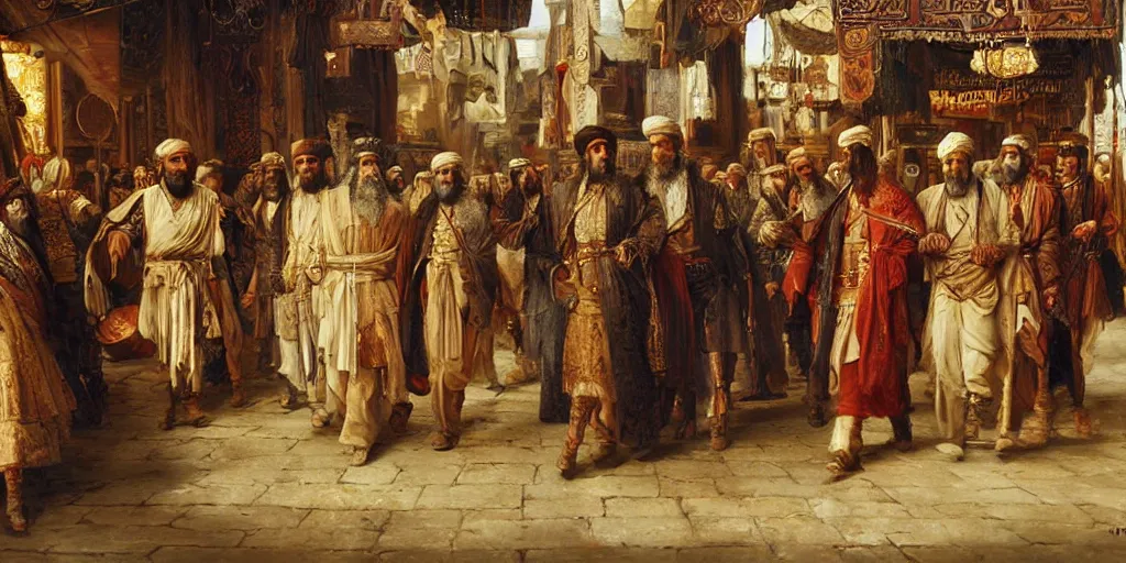 Image similar to Highly detailed and cinematic romantic period oil painting of the Persian king Cyrus the great walking through a bazaar, strong atmosphere, oil painting masterpiece by Josep Tapiró Baró, symmetry, fractals