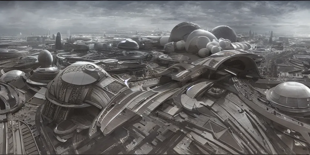 Image similar to cinematic still of hyper detailed hard surface modelled realistic afro futurist, spaceport designed by frank lloyd wright architect, deep perspective, wide angle, hyper detailed and intricate, concept art