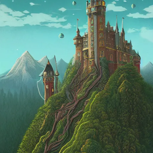 Image similar to a beautiful ultradetailed painting of high fantasy surreal arcane castle on a green mountain above a forest by wes anderson trending on artstation