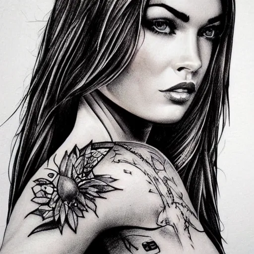 Image similar to tattoo design sketch of megan fox mash up effect with beautiful mountain scenery, in the style of matteo pasqualin, amazing detail