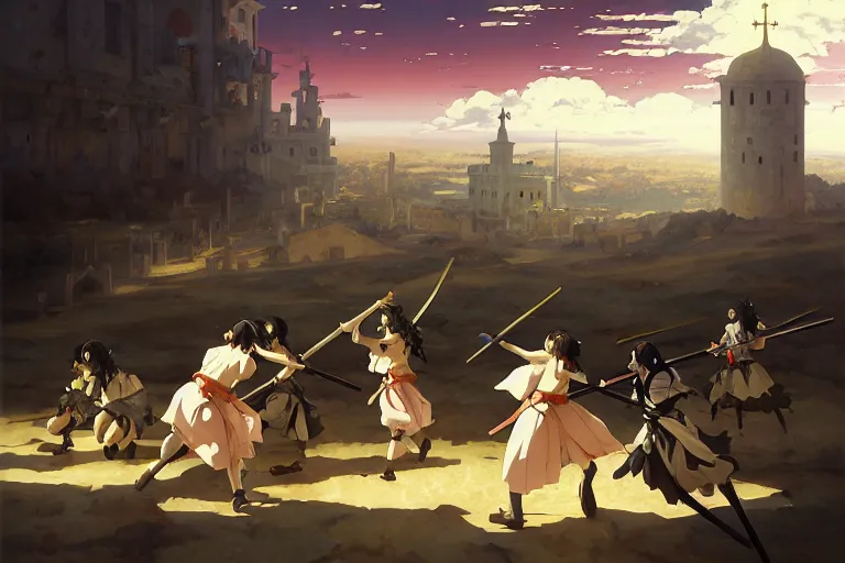 Image similar to baroque oil painting of key visual environment concept art of anime maids fighting a crusade in jerusalem, brutalist, dark fantasy, rule of thirds golden ratio, fake detail, trending pixiv fanbox, acrylic palette knife, style of makoto shinkai studio ghibli genshin impact jamie wyeth james gilleard greg rutkowski chiho aoshima