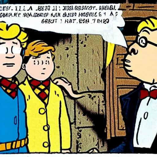 Prompt: a still of harry potter in the comic tintin, herge, belgian comics