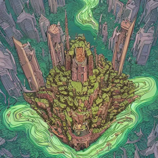 Image similar to cell shaded adult animation, a birds eye view overlooking a walled off ancient fantasy city being attacked by horrific monsters, surrounded by mountains and trees of greens and browns, rivers, concept art by josan gonzales and wlop, Laurie Greasley, Bekinski and james jean, highly detailed, sharp focus, Trending on Artstation, HQ, deviantart, art by artgem