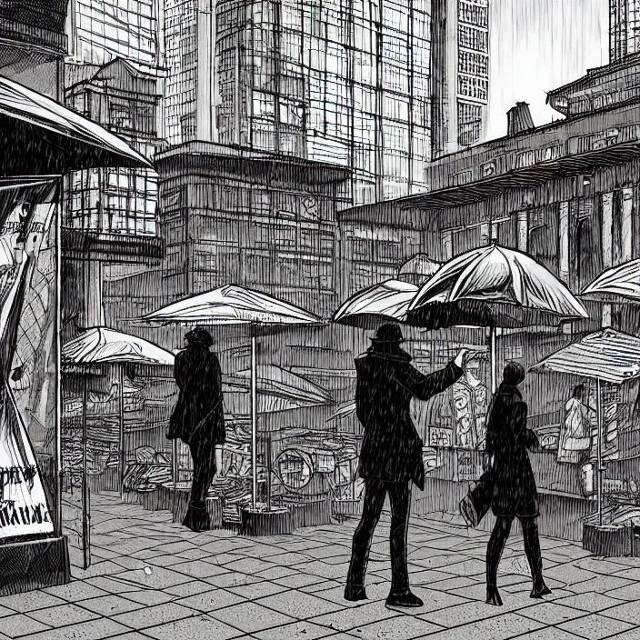 Prompt: close view of market stall. umbrellas on the stall. set in a square, pedestrians walk past. background of old soviet monument. storyboard, scifi cyberpunk. by gabriel hardman, joe alves, chris bonura. cinematic atmosphere, detailed and intricate, perfect anatomy