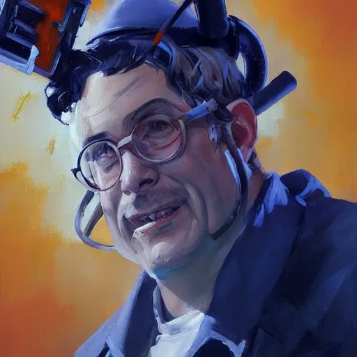 Image similar to greg manchess portrait painting of ghostbuster dr. raymond stantz overwatch character, medium shot, asymmetrical, profile picture, organic painting, sunny day, matte painting, bold shapes, hard edges, street art, trending on artstation, by huang guangjian and gil elvgren and sachin teng
