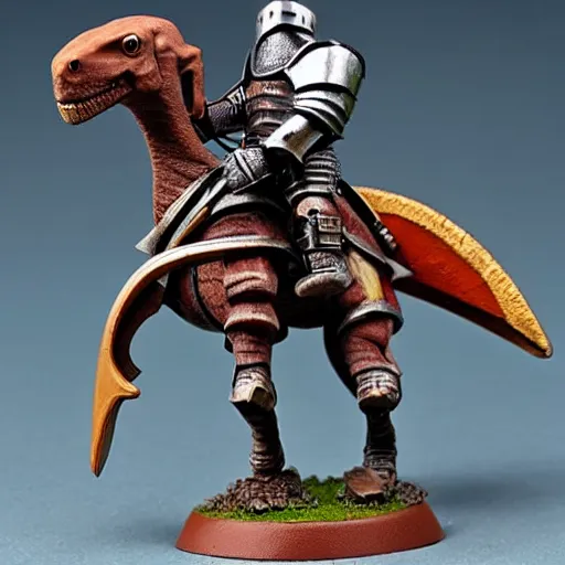 Image similar to Warhammer mini of medieval english knight with sword riding a dinosaur