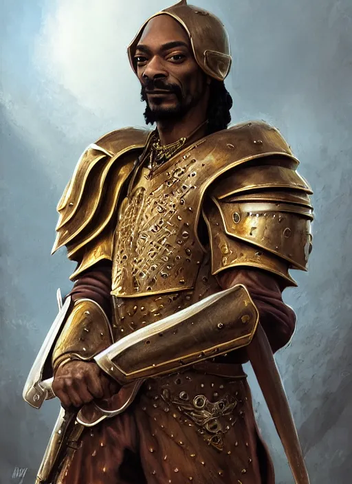 Image similar to snoop dogg as a paladin, short beard, grumpy, plate armor, Ivan Aivakovsky, Boris Vallejo, epic fantasy character art, D&D Concept Art, full length, Realistic, Regal, Refined, Detailed Digital Art, Oil Paining, Exquisite detail, post-processing, masterpiece, Cinematic Lighting, Unreal Engine, 8k, HD,