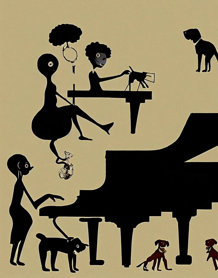 Prompt: a white person and a black person near the piano keyboard with two dogs by tim burton