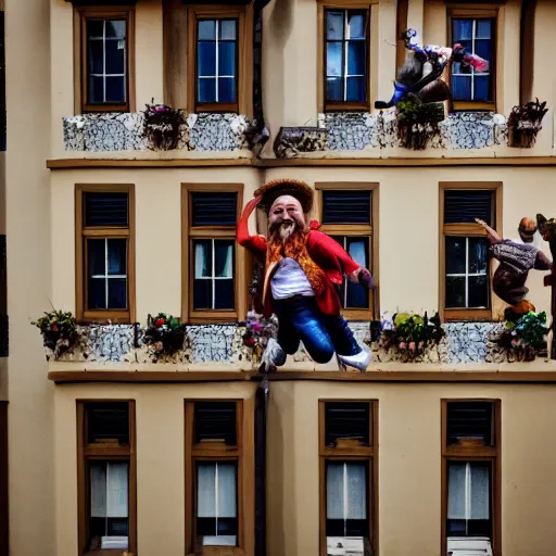 Image similar to dwarfs jumping from balcony, photography