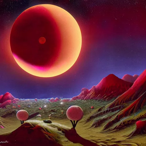 Prompt: lunar eclipse on strange alien planet with craters and unusual plants detailed painting in the style of paul lehr 4 k