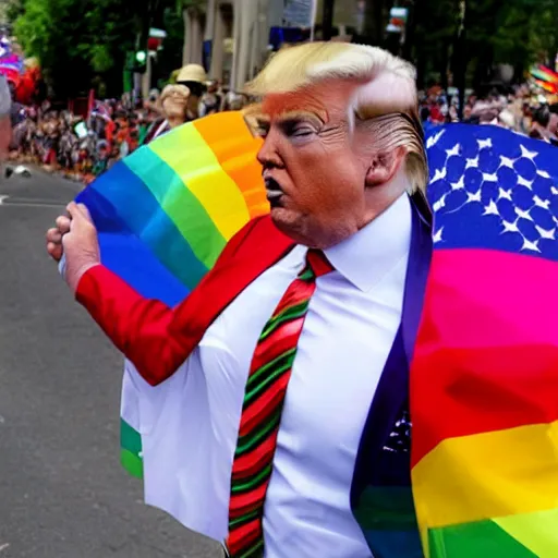 Prompt: donald trump wearing a rainbow suit at a gay pride parade