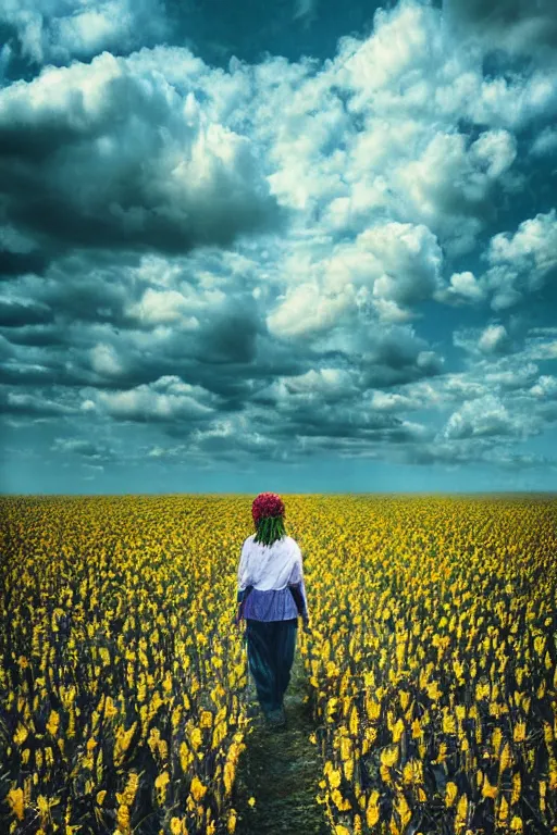 Image similar to giant corn flower head, girl walking in a decaying walter white themed flower field, surreal photography, dead body, dramatic light, impressionist painting, colorful clouds, digital painting, walter white, uncanny valley