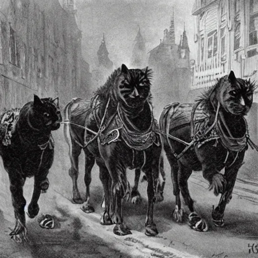 Image similar to a carriage with four horses hitting a black cat in the 1920's, realistic, alley, lovecraft, high detail