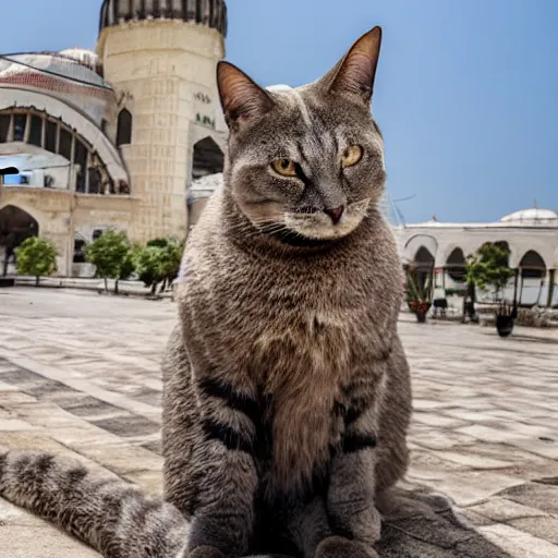 Image similar to A giant cat sitting next to a mosque in Istanbul, daytime, photorealistic, 4K, HD, award winning