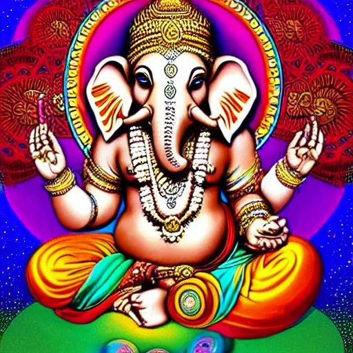 Image similar to hindu god ganesha, dmt trip, psychedelic, fractal patterns, centered, symmetrical, vivid colors, detailed