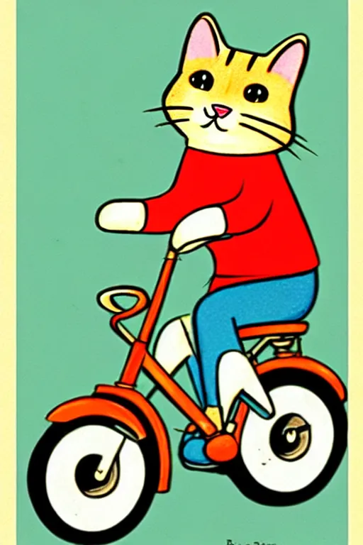 Prompt: by richard scarry,,,,,,,,,,,,,,,,,,,,,,, a cat riding a bike. a 1 9 5 0 s retro illustration. muted colors, detailed