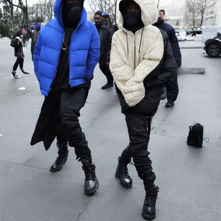 Image similar to kanye west using a full face covering black mask, a small bright blue round puffer jacket made of nylon and big black rubber boots,