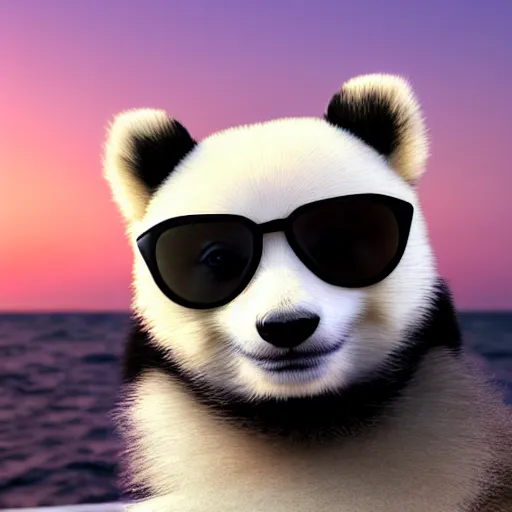 Prompt: a closeup photorealistic photograph of a stylish panda themed Pomeranian puppy wearing cat eye sunglasses at the beach during sunset. A yacht in the background. This 4K HD image is Trending on Artstation, featured on Behance, well-rendered, extra crisp, features intricate detail and the style of Unreal Engine.