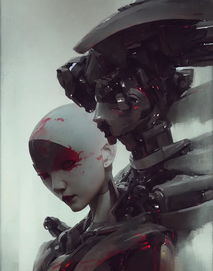 Image similar to portrait of a geisha robot by greg rutkowski and ruan jia, mecha, washed colors, dark, gloomy, matte painting, unreal engine 5