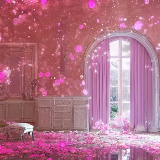 Image similar to a pink garden universe captured in a room with lights and clouds and mirrors photorealistic ultra detailed 8 k, digital painting, unreal engine, 3 d render