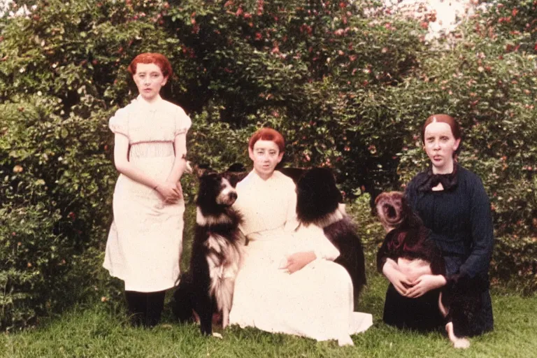 Prompt: autochrome photograph, family photo, anne of the green gables with her elder step parents, and a border collie sitted aside.