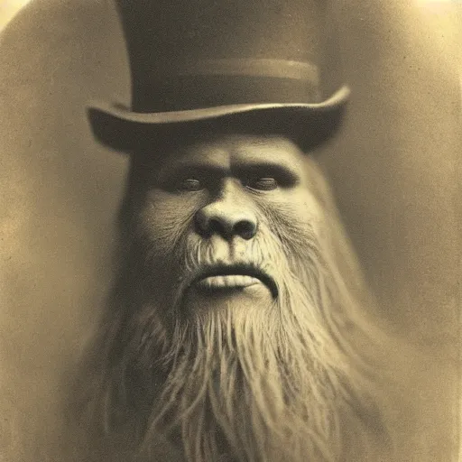 Image similar to a vintage wet plate portrait of a dignified bigfoot with a top hat and cane, extremely detailed, by julia margaret cameron!!!!!!!!!!!!!!!!!!