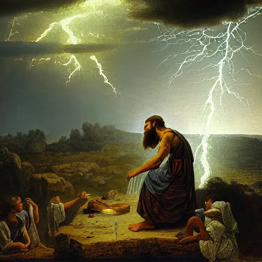 Image similar to A biblical painting of Jacob Washing dishes next to a window by Gustave Doré, Scenic, Dramatic, lightning storm in background