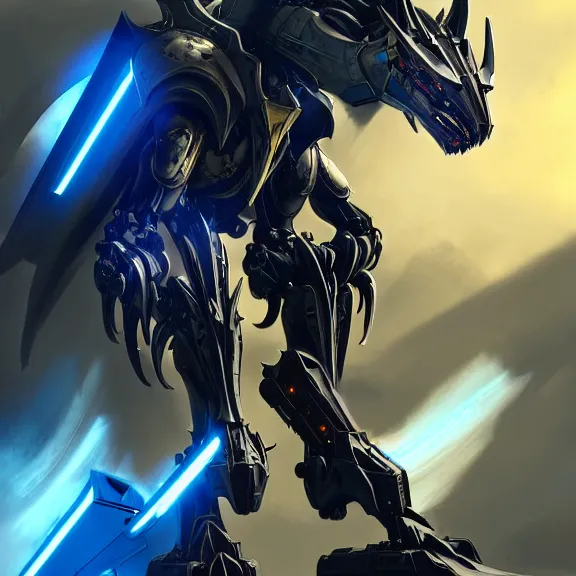 Image similar to cinematic shot, 35 foot tall stunning quadrupedal mecha dragon, sharp edged black armor, shining gold accents around the edges, sleek OLED blue visor for eyes, four legs, walking in busy neon city streets, sharp claws, epic shot, highly detailed art, sci fi, furry, 3D realistic, warframe fanart, destiny fanart, furry art, dragon art, feral art, macro art, furaffinity, DeviantArt, sofurry