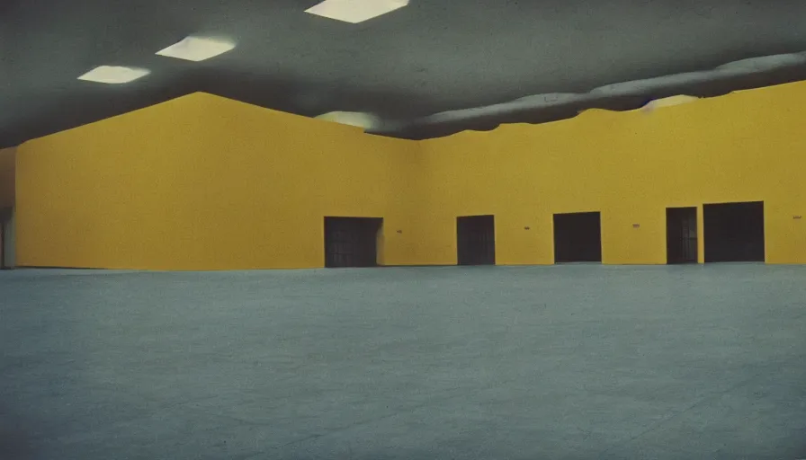 Image similar to 60s movie still of a sovietic stalinist style empty art museum with a soviet congress with yellow wall, kodakchrome, liminal Space style, heavy grain