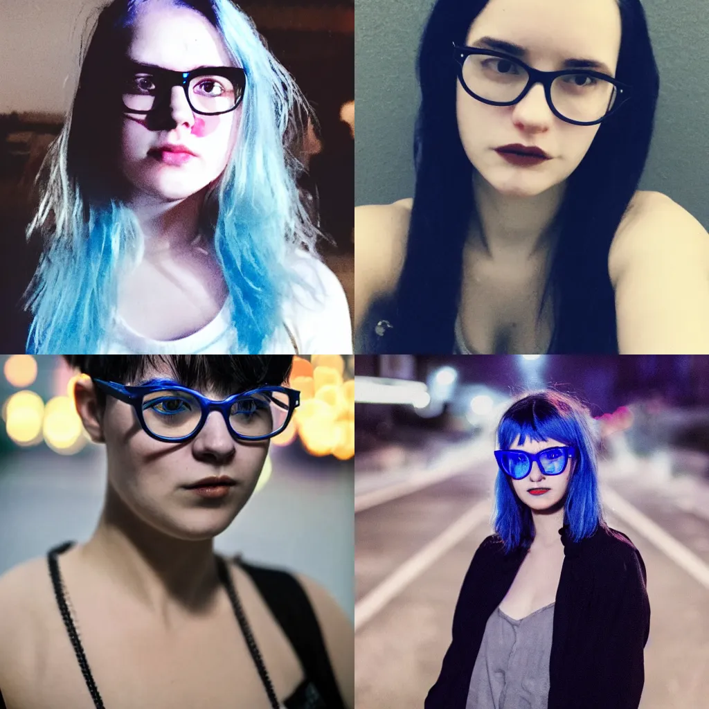 Prompt: an alternative young woman with messy blue hair, pale, black glasses, photo taken at night