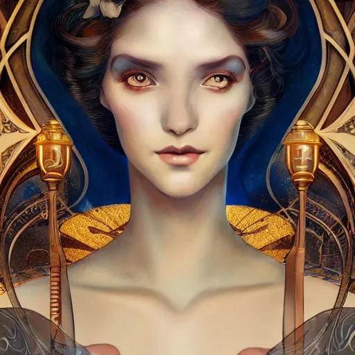 Prompt: an art nouveau, ( art deco ), multi - racial portrait in the style of anna dittmann and charlie bowater and chanthara. very large, clear, expressive, and intelligent eyes. centered, ultrasharp focus, dramatic lighting, photorealistic digital matte painting, intricate symmetrical ultra detailed background.