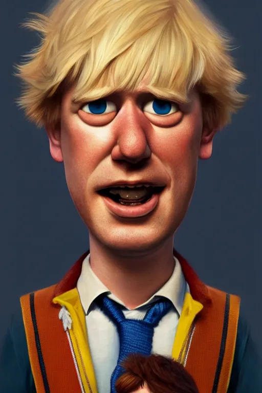 Image similar to Boris Johnson as Woody from Toy Story, Boris Johnson hairstyle, realistic portrait, symmetrical, highly detailed, digital painting, artstation, concept art, smooth, sharp focus, illustration, cinematic lighting, art by artgerm and greg rutkowski and alphonse mucha