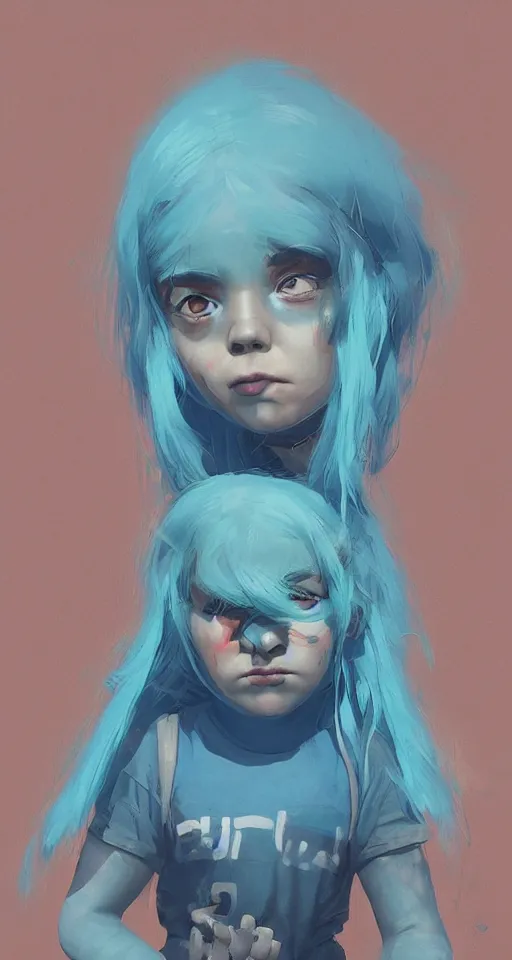 Image similar to little angry girl with blue hair, art by Simon Stalenhag, trending on Artstation, CGSociety