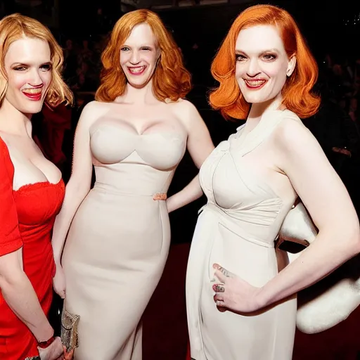 Prompt: Raphael's Three Graces, but the three Graces are January Jones, Christina Hendricks, and Elisabeth Moss