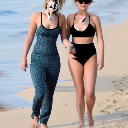 Prompt: Jennifer Lawrence and Jennifer Lawrence walking along the beach together, golden hour, hyperdetailed, 8k,