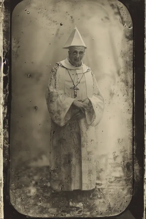 Prompt: a wet plate photo of an anthropomorphic ostrich pope