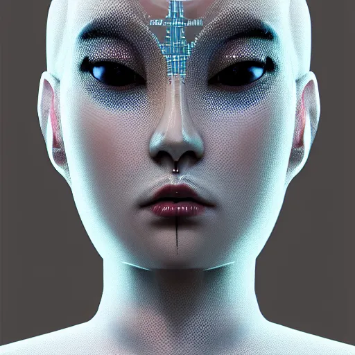 Prompt: portrait of an alien princess, style of Feng Zhu, Artstation geometric, aesthetic, smooth skin, unique features, symmetrical, intricate crown, high fashion, streetwear, cyberpunk, detailed, octane render, cinematic, 8k, opalescent skin,