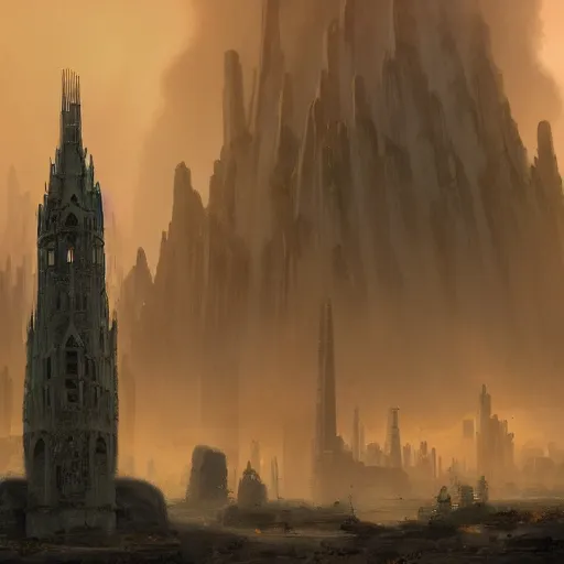 Image similar to one gigantic brutalist ancient tower, a detailed structure with at the top 3 spires in form of a trident, 1 0 0 0 meters tall set against sunlit, surrounded by smoke, mountains and a huge old city, 8 k, volumetric lighting, cinematic composition, octane render, dark surrealism, highly detailed by peter mohrbacher