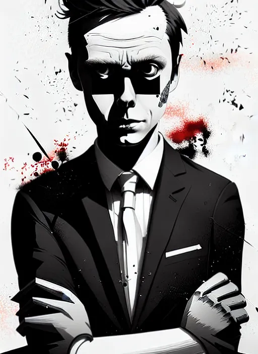 Image similar to highly detailed closeup portrait of martin wallstrom, tyrell wellick, wearing suit by atey ghailan, by greg rutkowski, by greg tocchini, by james gilleard, by joe fenton, by kaethe butcher, gradient blue, black and white color scheme, grunge aesthetic!!! ( ( graffiti tag wall background ) )