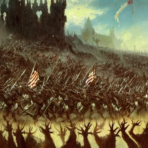 Prompt: an army of undead liches marching over a hill with flag bearers and trumpeters, intricate detail, royo, vallejo, frazetta, whealan,