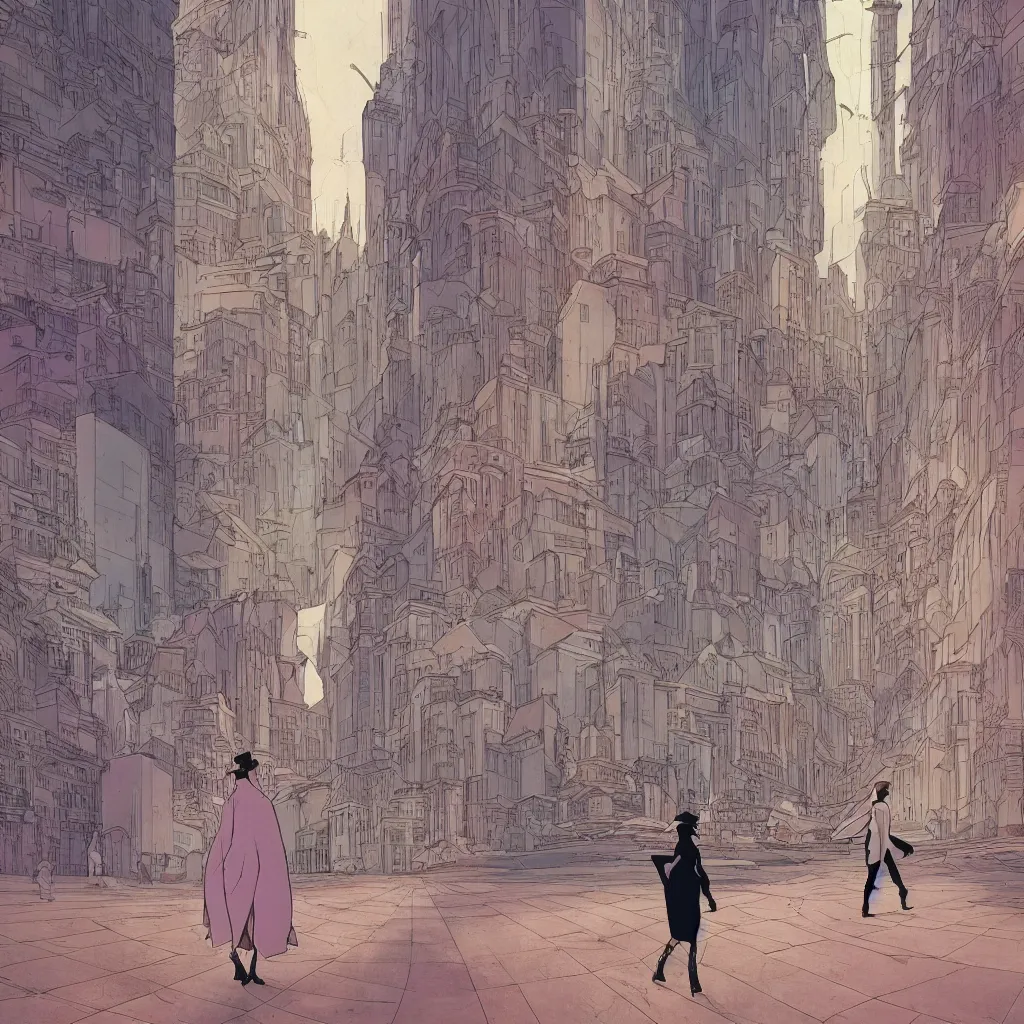 Image similar to an elegant full-length moebius-style woman walks through a surreal city