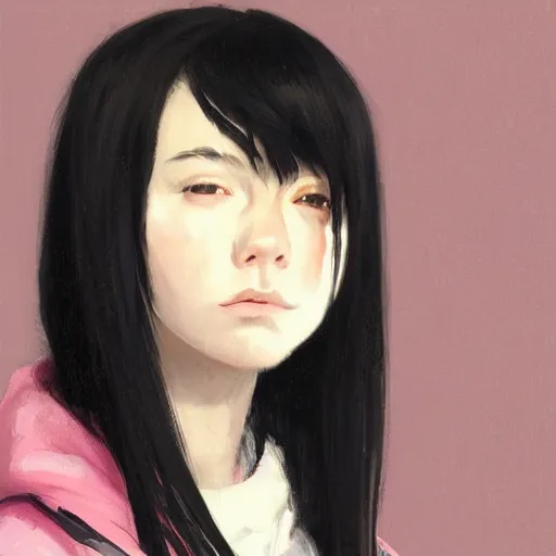 Image similar to Portrait of a woman by Greg Rutkowski, she is about 18 years old, mixture between japanese and british, messy bob black hair, young, pale, tired but friendly look, she's wearing a a pink oversized hoodie and a black adidas tracksuit, highly detailed portrait, scifi, digital painting, artstation, concept art, smooth, sharp foccus ilustration, Artstation HQ