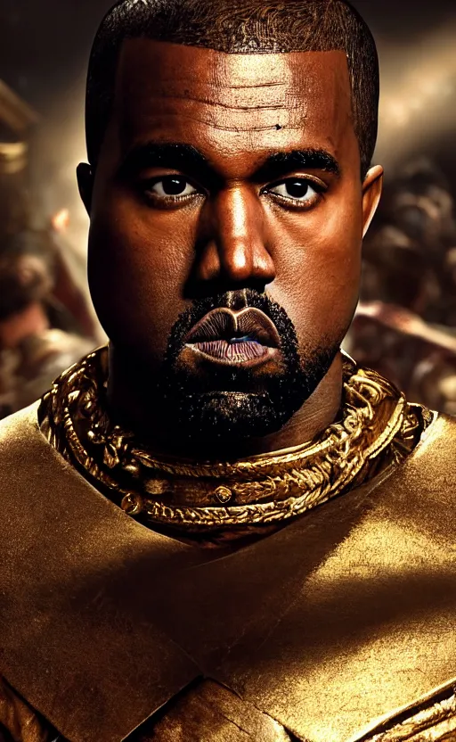 Image similar to Portrait of Kanye West as Emperor Napoleon in Skyrim, splash art, movie still, cinematic lighting, dramatic, octane render, long lens, shallow depth of field, bokeh, anamorphic lens flare, 8k, hyper detailed, 35mm film grain