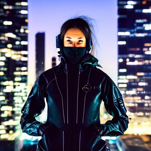 Image similar to photographic portrait of a techwear woman, closeup, on the rooftop of a futuristic city at night, sigma 85mm f/1.4, 4k, depth of field, high resolution, 4k, 8k, hd, full color