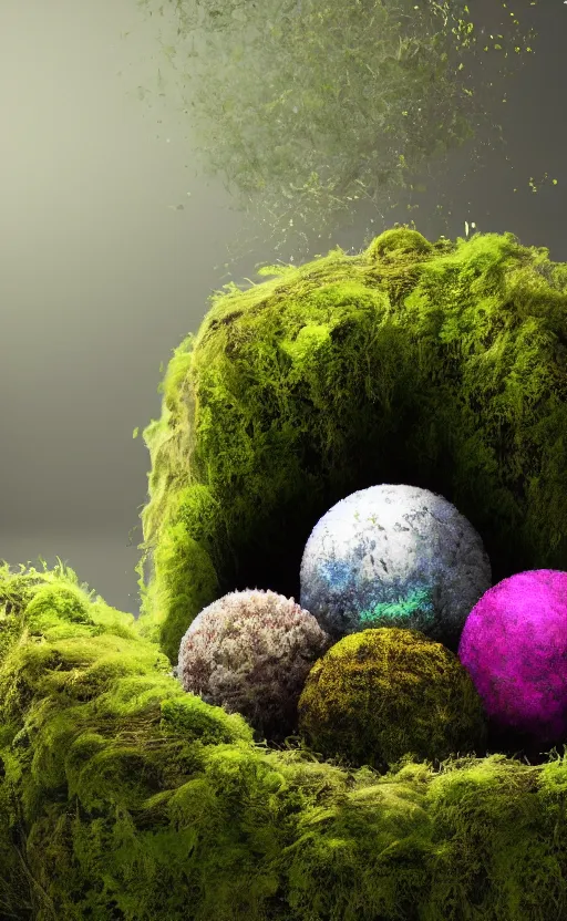 Image similar to view of the inside of a trash bag decorated with moss and flowers and illuminated by glowing orbs, octane render, abstract, unorthodox, 4k, desktop wallpaper, raytracing