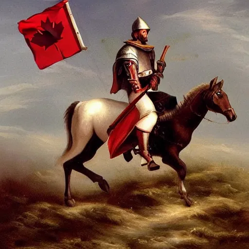 Prompt: crusader riding a horse sized canadian goose into battle